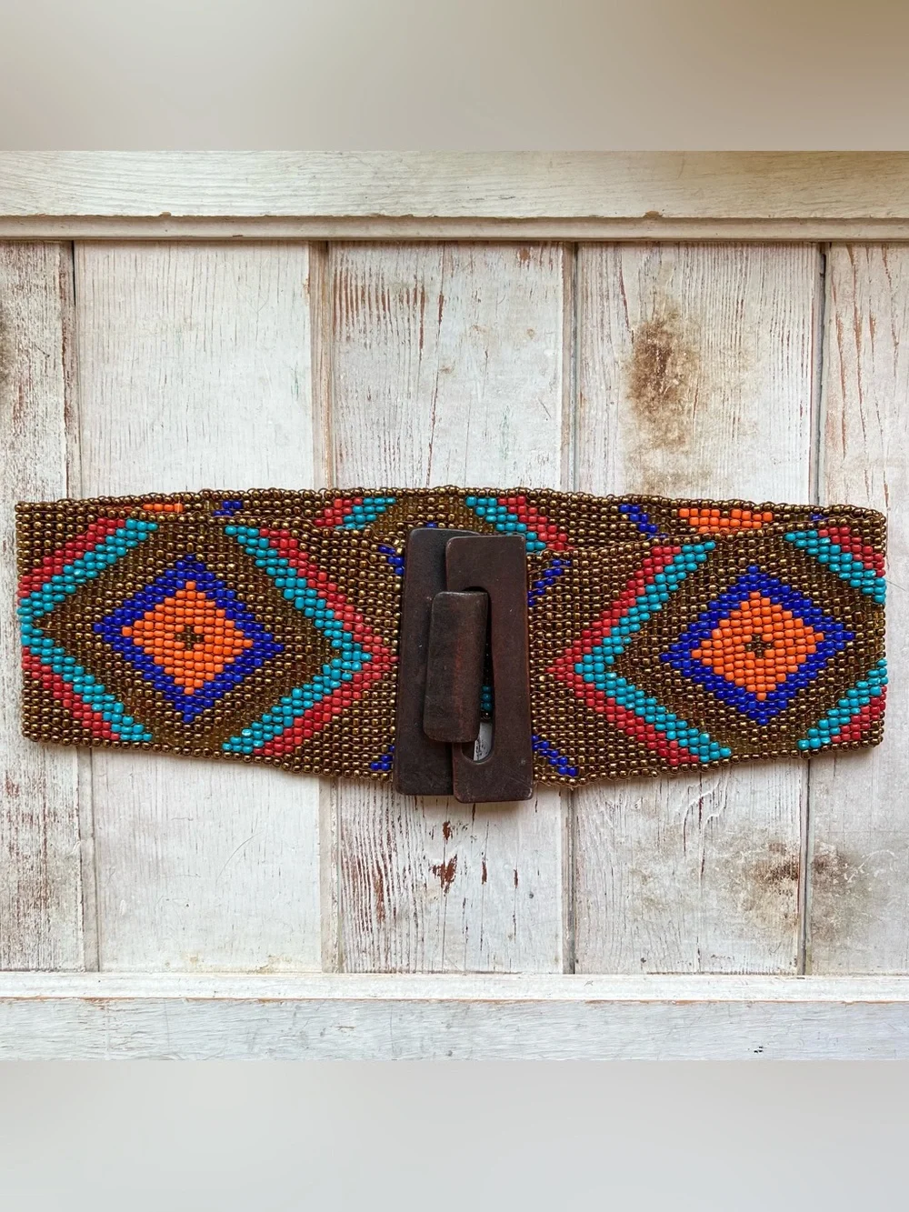 Handmade Beaded Multicolor Wide Waist Belt with Wooden Buckle